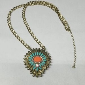Gold Tone Chain Abstract Two Sided Beaded Rhinestone Pendant Necklace Retro